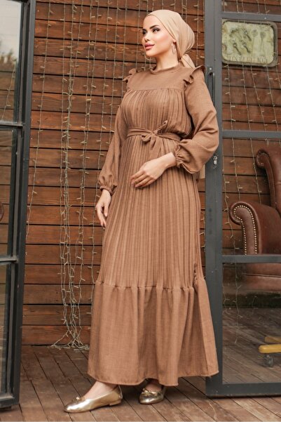 Bestenur Βολάν Πλισέ Φόρεμα 777 - Mink