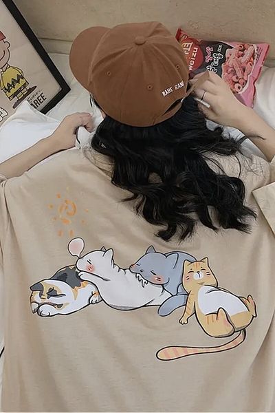EFBUTİK Μπεζ μπλουζάκι Unisex πίσω με στάμπα Sleeping Cats