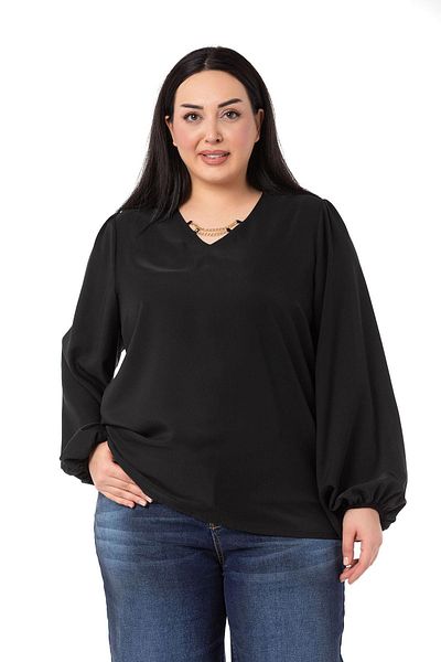 DISENTIS MODEST Plus Size Black Blouse with Chain Detail on Collar and Elastic Sleeves