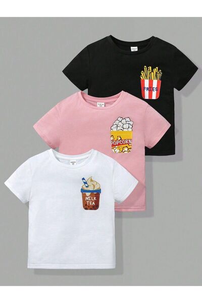 MORNİNG KİDS تي شيرت KIz Kids بطبعة التوت والبوبكورن والملك باللون الأسود وال...