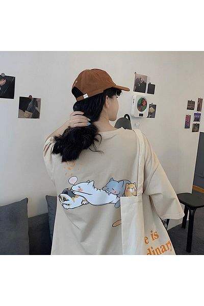 EFBUTİK Μπεζ μπλουζάκι Unisex πίσω με στάμπα Sleeping Cats