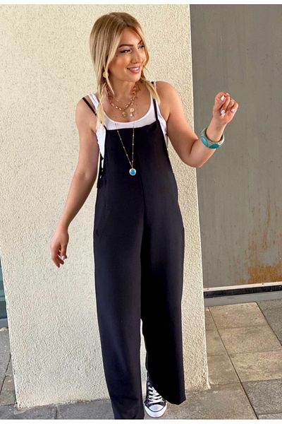 rengamoda Women's Black Undershirt Included Aerobin Fabric Jumpsuit Dress