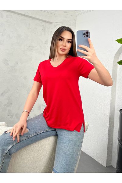 modavingo WOMEN'S RED V-NECK SLIT BLUZ