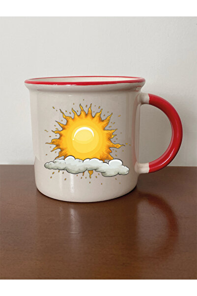 lili hediyelik Sun And Cloud Themed Red Mouth Mug Cup - Ceramic Tea, Coffee Gift Cup