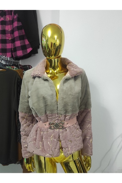 DHDmoda Pembe Gri Suni Kürk Mont Gold Varaklı