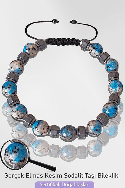Tesbih Atölyesi Certified Silver Hematite Faceted Sodalite Stone Bracelet - Adjustable