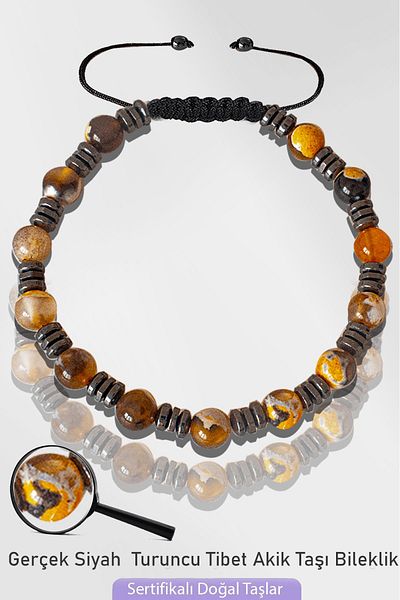 Tesbih Atölyesi Certified Silver Natural Black Orange Agate Stone Bracelet with Hematite - Tibetan Agate