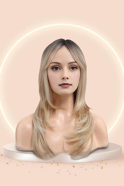 KONAK PERUK Flat Fiber Synthetic Medium Wig with Layered Cut Rivets - Brown / Platinum Ombre and Relief