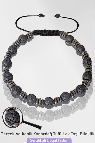 Tesbih Atölyesi Certified Silver Hematite Natural 6mm Volcanic Lava Stone Bracelet - Adjustable