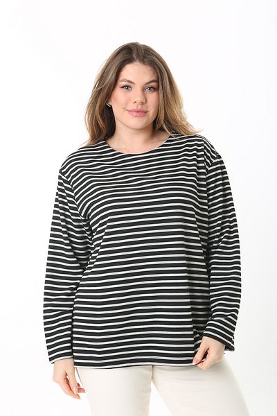 Şans Women's Plus Size Black Crew Neck Striped Blouse 65N37522