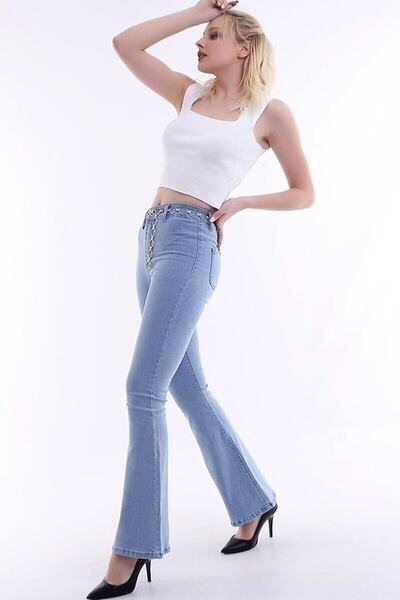 Lixera Pantaloni Kaley albastru deschis din Lycra cu talie înaltă