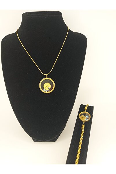 Romea Çelik Kararmaz Çeyrek Altın Nazar Boncuklu Açılmayan Kolye & Bileklik T...