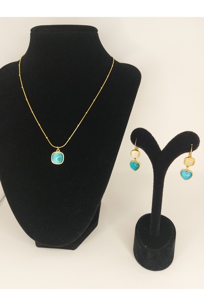 Romea Kare Kesim Turkuaz Mavi Taşlı Dorika Zincir Kararmaz Çelik Kolye & Kalp...