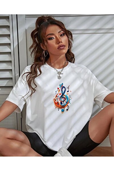 khufu Λευκό Μουσικό εμπριμέ μπλουζάκι Trend Oversize