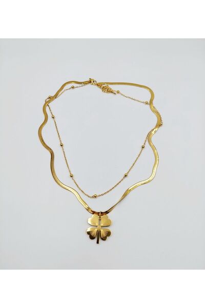 SOSO EXCLUSİVE Stainless Steel Çelik İkili İtalyan Zincir Yonca Gold Kolye