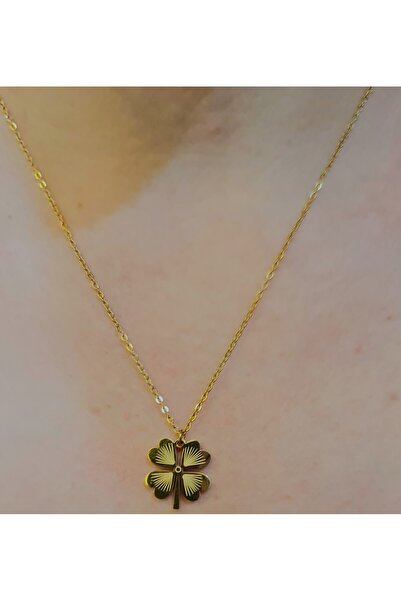 stainles steel Çelik Gold Yonca Uçlu Kolye