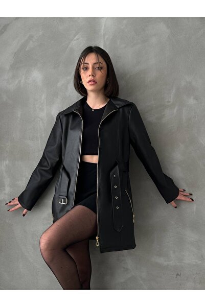 Ekim Store Jachetă de piele lungă Boyfriend cu centură