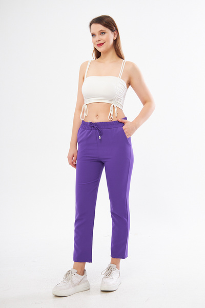 brako tekstil Kadın Beli Lastikli Bağcık Detaylı Duble Paça Kumaş Pantolon