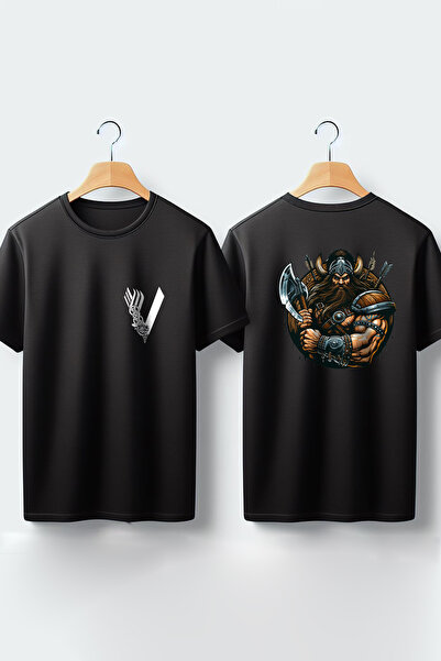 Vordevia Tricou negru oversize cu imprimeu pe piept și pe spate viking