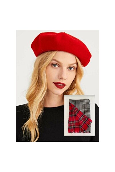 sema aksesuar Teachers' Day Gift Double-Sided Scottish Pattern Scarf and Painter Beret Set of 2 - Plaid Shawl