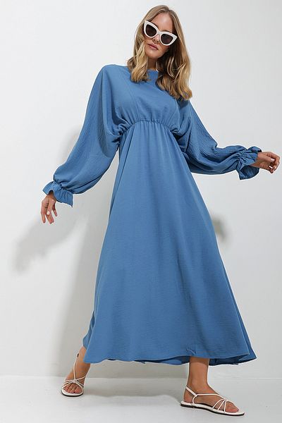 Trend Alaçatı Stili Indigoblaues Maxikleid aus Aerobin-Stoff mit Rundhalsausschnitt und Ballonärmeln für Damen ALC-X11627