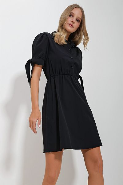 Trend Alaçatı Stili Women's Black Shirt Collar Watermelon Sleeve Poplin Dress ALC-X11612