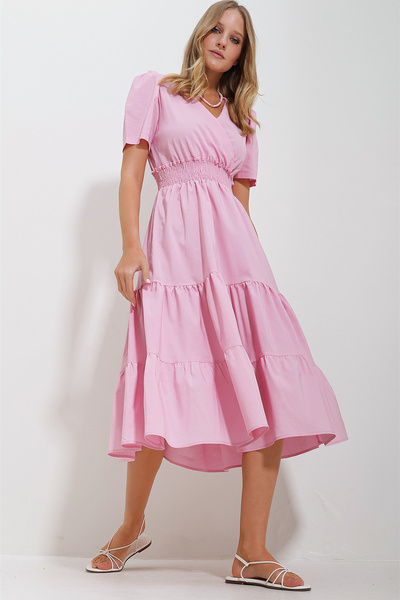 Trend Alaçatı Stili Dámské růžové dvouřadé tkané popelínové šaty ALC-X11610 s pasem