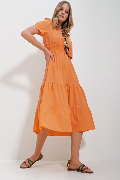 Trend Alaçatı Stili Dámské oranžové dvouřadové tkané popelínové šaty ALC-X11610