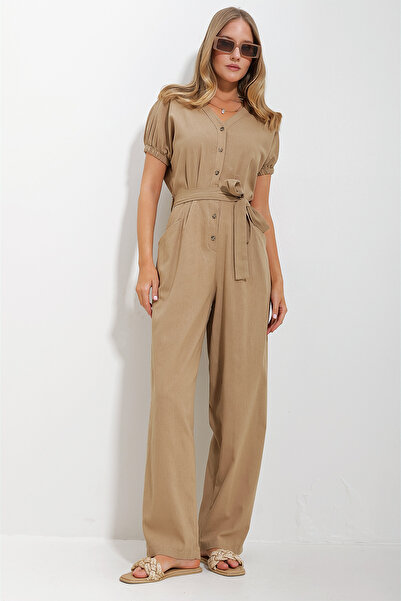 Trend Alaçatı Stili Γυναικεία φόρμα με κουμπιά καμήλας μπροστά διπλή τσέπη Mikanos λινό φόρμα ALC-X11626