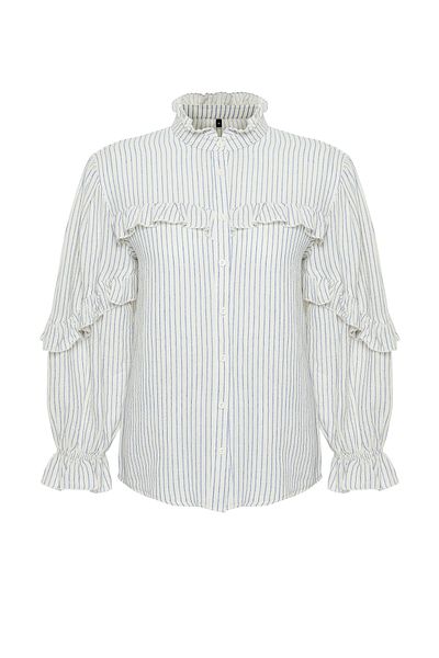 Trendyol Collection Ecru gestreiftes Hemd aus gewebtem Musselin mit Rüschendetail TWOSS24GO00081