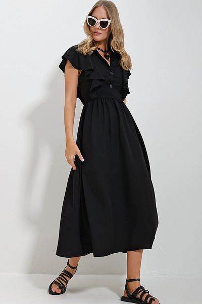 Trend Alaçatı Stili Women's Black Shirt Collar Half Placket Ruffle Detailed Hidden Zipper Midi Length Dress ALC-X11636