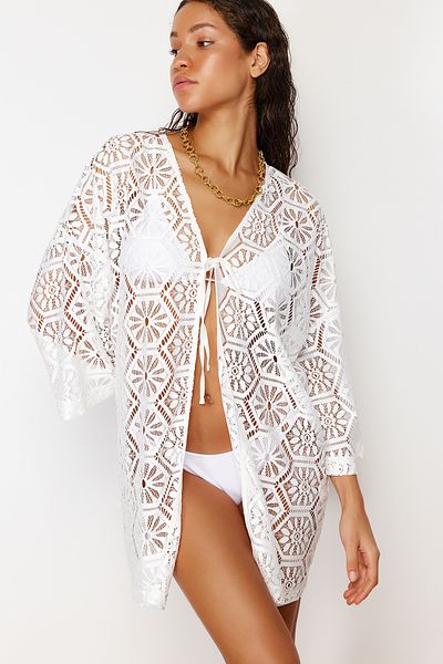 Trendyol Collection Ecru Mini Knitted Lace Kimono&Kaftan TBESS24KM00034