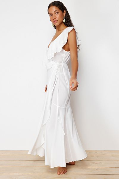 Trendyol Collection Svatební Ecru Maxi tkané vázané plážové šaty TBESS24EL00074