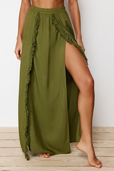 Trendyol Collection Khaki Maxi Woven Tasseled Beach Skirt Tbess21Et0133