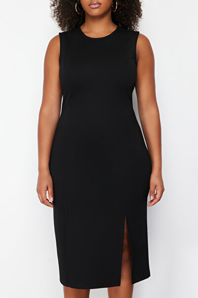 Trendyol Curve Μαύρο σχίσιμο Λεπτομερές Midi 100% βαμβακερό πλεκτό φόρεμα συν μέγεθος TBBSS24AH00003