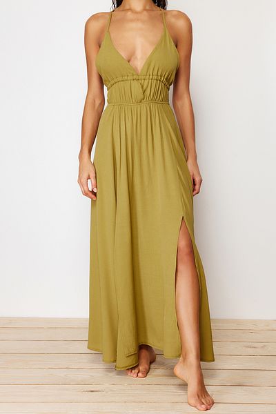 Trendyol Collection Khakifarbenes, gewebtes, gerafftes Maxi-Strandkleid TBESS23EL00063