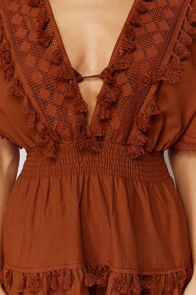Trendyol Collection Καφέ Mini Woven Brode Λεπτομερές 100% βαμβακερό φόρεμα παραλίας TBESS21EL1248
