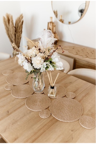 İP EV DEKOR Hasır Jüt Salon Mutfak Masa Örtüsü Runner