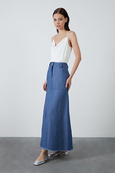 kı.we Yüksek Bel Kloş Uzun Koyu Mavi Denim Etek