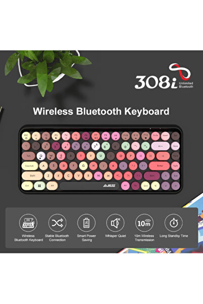 Coverzone Ajazz 308i Bluetooth Klavye 84 Tuşlu Kablosuz Gaming Vintage Klavye Çok Renkli Daktilo Tarzı Tuşlar