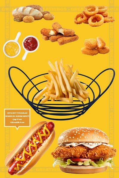 Greathings 1 Piece - Medium Size Round Metal Presentation Basket, Potato, Roast, Bread Bowl, Cafe Presentation Serving