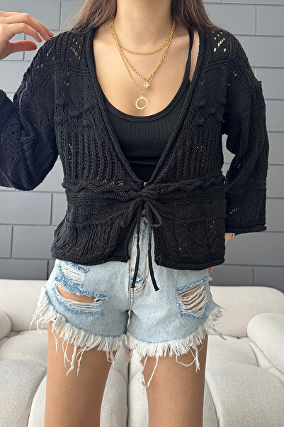 LE CARAMBOLE Women's Black Front Tie Knitwear Cardigan