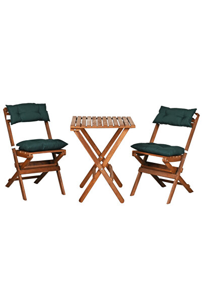 Bysay AHŞAP KATLANIR MİNDERLİ 3 lü BİSTRO SET MUTFAK BALKON BAHÇE MASA SANDALYE SETİ (CEVİZ-YEŞİL)