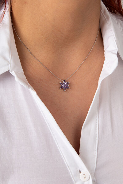 klas gümüş Gümüş Ametist Taşlı Minimal Rodaj Lotus Çiçeği Kolye