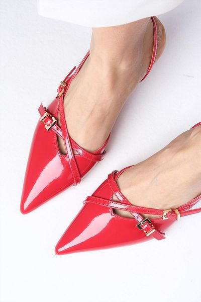 Mio Gusto Elita Red Color Patent Leather Pointed Toe Heeled Shoes with Buckle Accessories