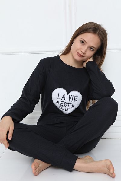 FAMES PİJAMA Black Long Sleeve Women's Pajama Set - Hooded Interlock