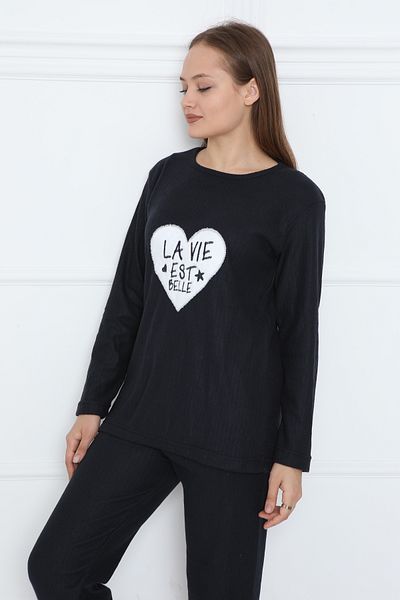 FAMES PİJAMA Black Long Sleeve Women's Pajama Set - Hooded Interlock