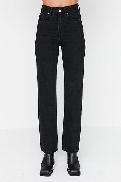 Geppetto Blugi negri cu picioare largi, confortabile - Pantaloni largi din lycra cu talie super înaltă