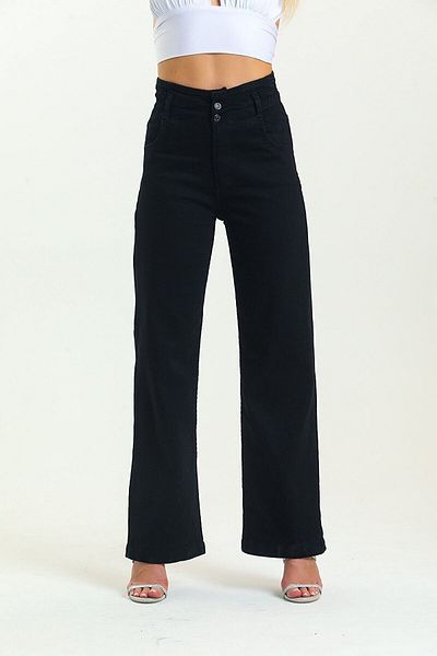 Geppetto Women's Elastic Waist Wide Leg Non-Fading Black Jeans Pants Black