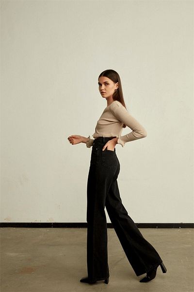 Geppetto Black Comfortable Wide Leg Jeans - Casual Super High Waisted Lycra Jeans